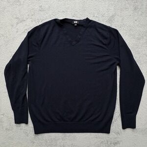 Uniqlo Sweater Mens Large Black Wool V Neck Pullover Lightweight Classic Knit